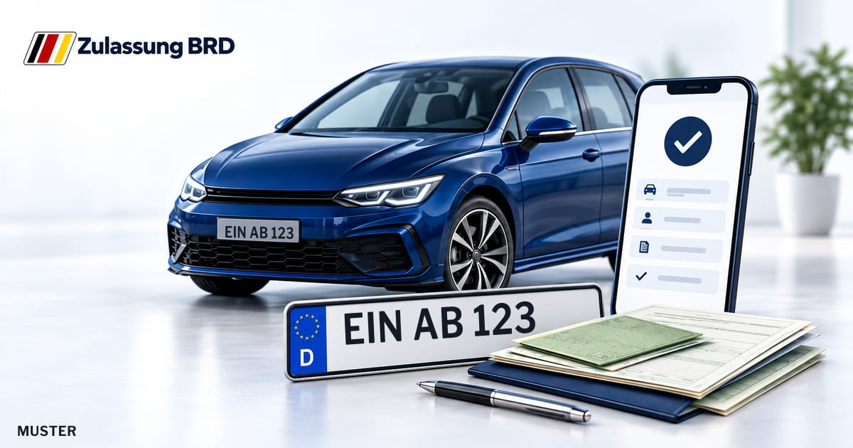 Online Fahrzeugzulassung in Uslar: Musterkennzeichen EIN AB 123, Auto und Fahrzeugpapiere und Smartphone. Illustration mit Logo von Zulassung BRD.